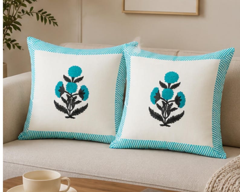 Turquoise Floral Block Print Cotton Home Décor Cushion Cover