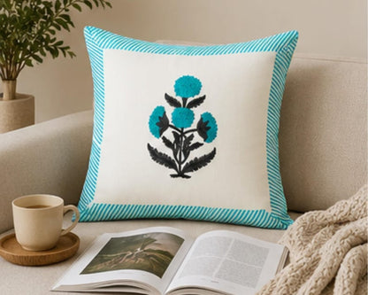 Turquoise Floral Block Print Cotton Home Décor Cushion Cover