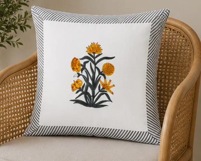 Yellow Hand Block Print Floral Jaipuri Style Cushion Cover