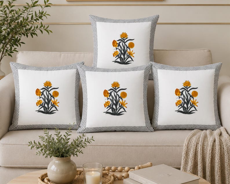 Yellow Hand Block Print Floral Jaipuri Style Cushion Cover