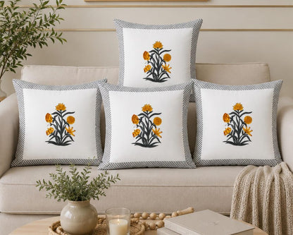 Yellow Hand Block Print Floral Jaipuri Style Cushion Cover