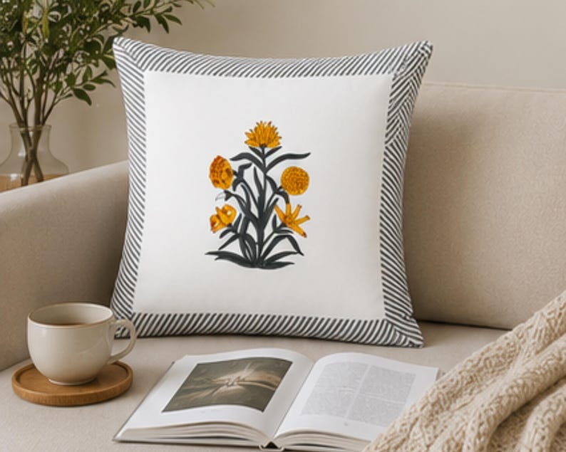 Yellow Hand Block Print Floral Jaipuri Style Cushion Cover