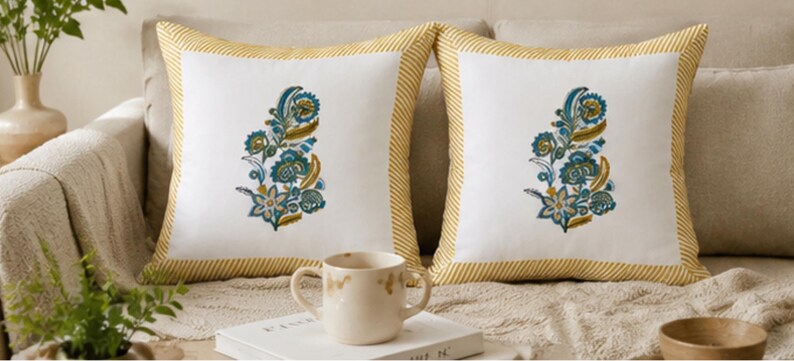 Embroidered Paisley Hand Block Print Hand Block Cushion Cover