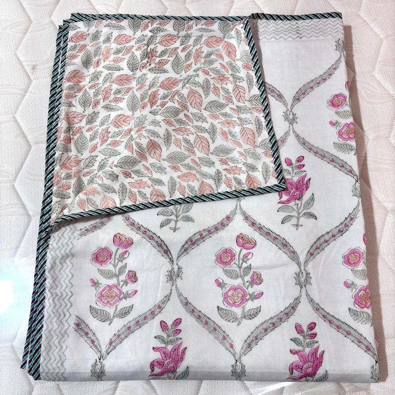 Pink Floral Reversible Summer Cotton Dohar Blanket