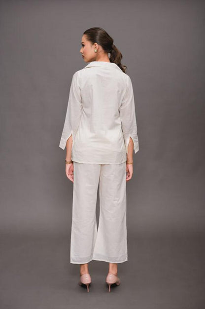 Cream White Embroidered Cotton Linen Co Ord Set