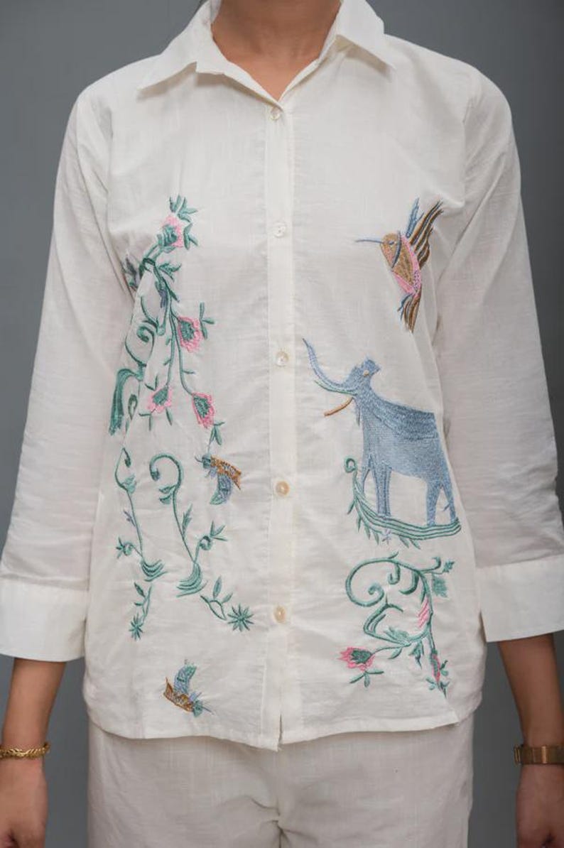 Cream Cotton Co Ord Set Embroidered Animal