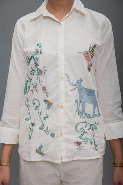 Cream Cotton Co Ord Set Embroidered Animal