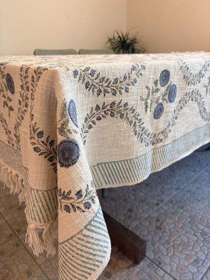 Handblock Print Cotton Sofa Throw Blue Trelis - Jaipur Artisan Slub Cotton Blanket/Table Cloth