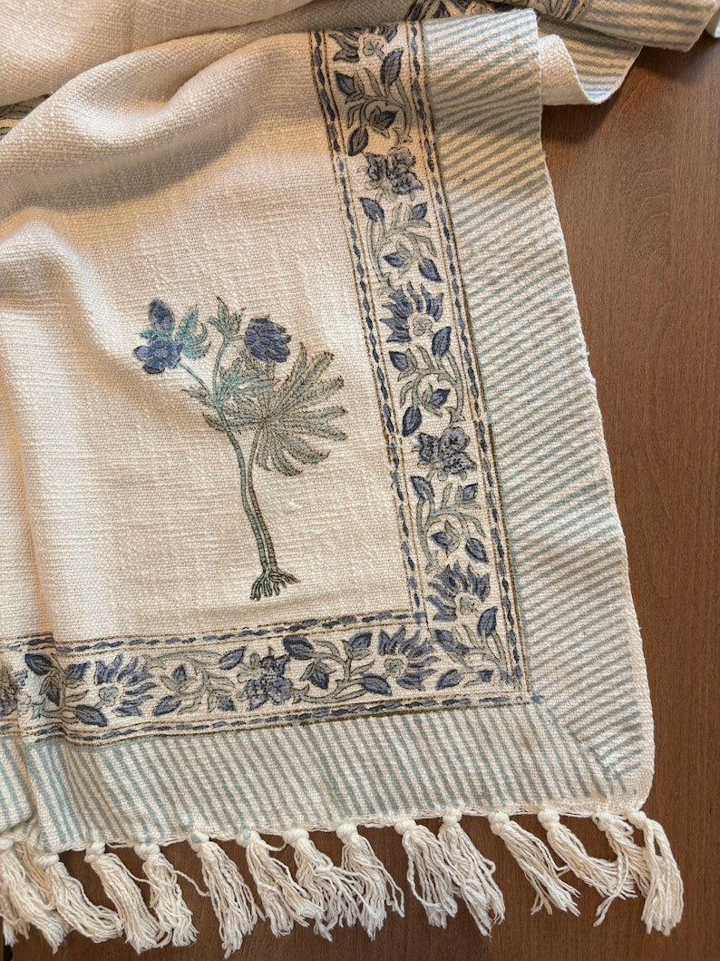 Handblock Print Cotton Sofa Throw Blue Tree - Jaipur Artisan Slub Cotton Blanket/Table Cloth