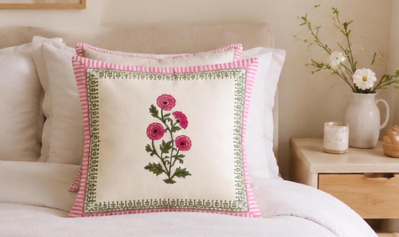 Pink Floral Cotton Cushion Cover - Hand Block Print