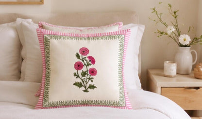 Pink Floral Cotton Cushion Cover - Hand Block Print