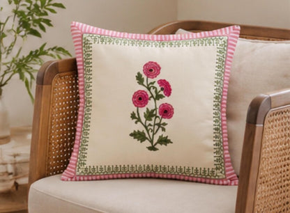 Pink Floral Cotton Cushion Cover - Hand Block Print