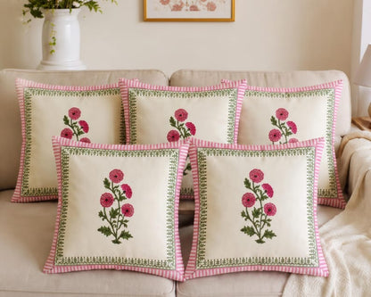 Pink Floral Cotton Cushion Cover - Hand Block Print