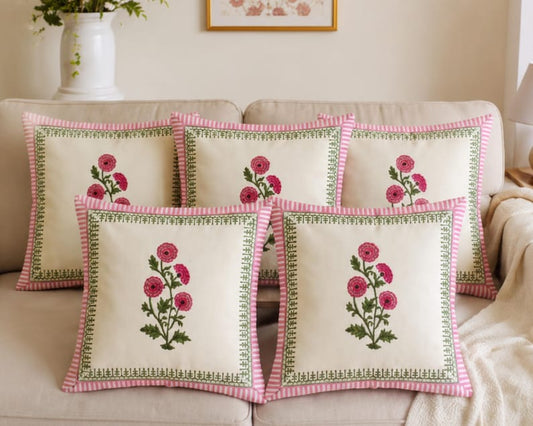 Pink Floral Cotton Cushion Cover - Hand Block Print