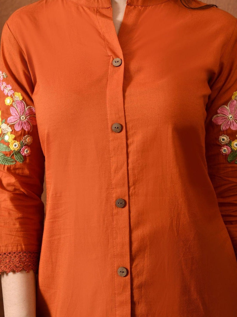 Orange Embroidered Kurta Set For Women