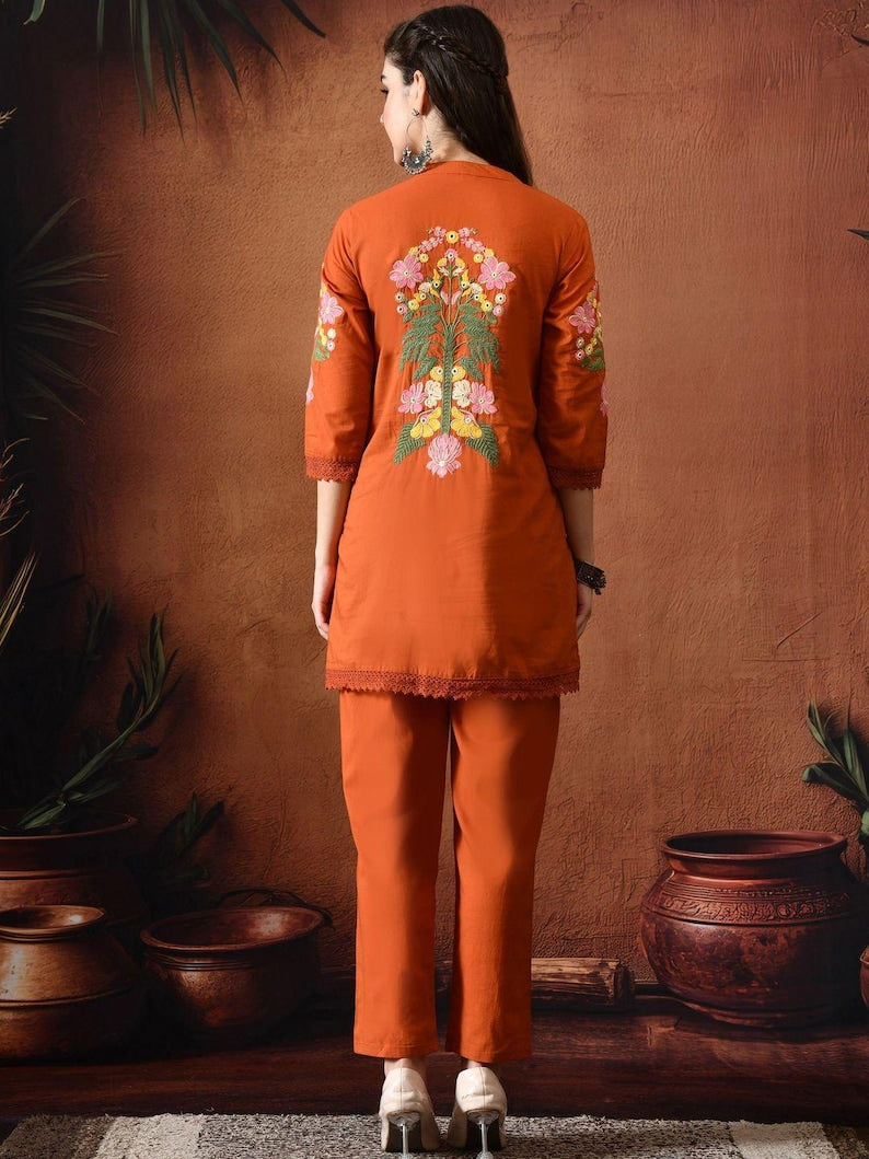 Orange Embroidered Kurta Set For Women