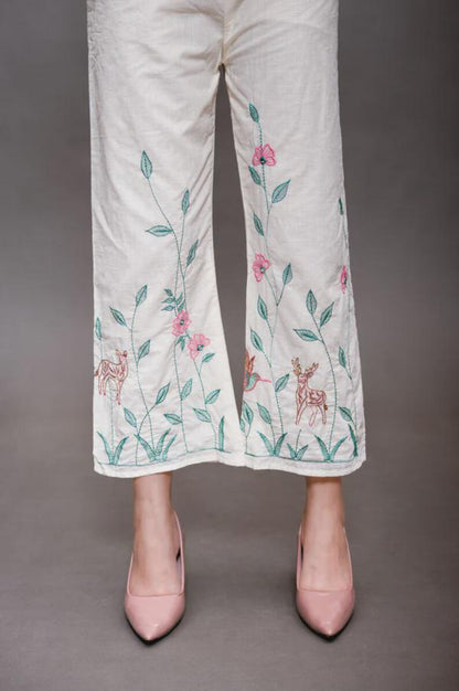 Cream White Embroidered Cotton Linen Co Ord Set