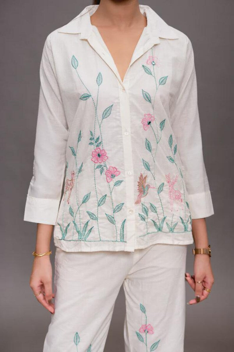 Cream White Embroidered Cotton Linen Co Ord Set