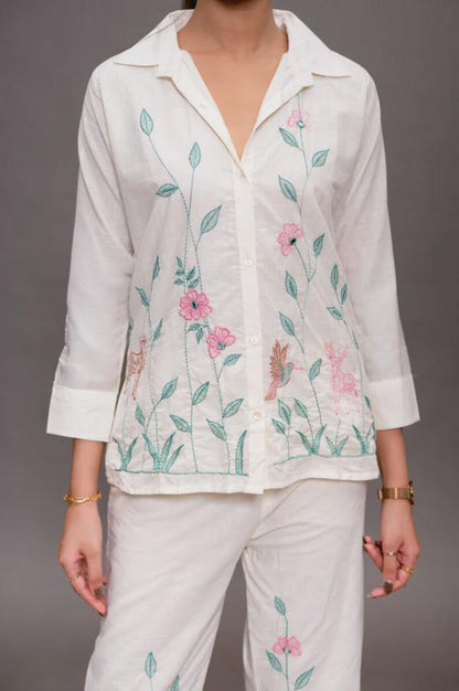 Cream White Embroidered Cotton Linen Co Ord Set