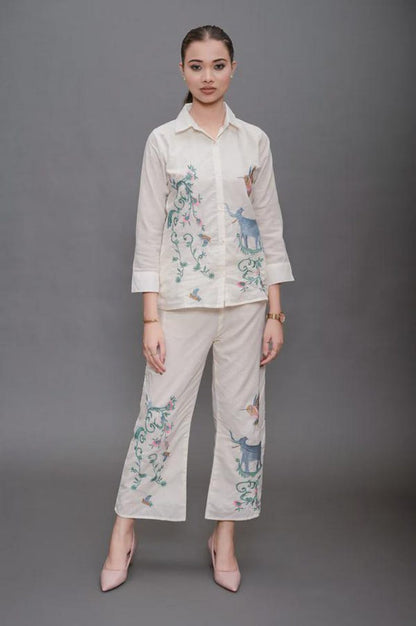 Cream Cotton Co Ord Set Embroidered Animal