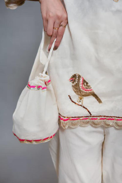 Beige Cotton Co Ord Set Handwork Lace For Women