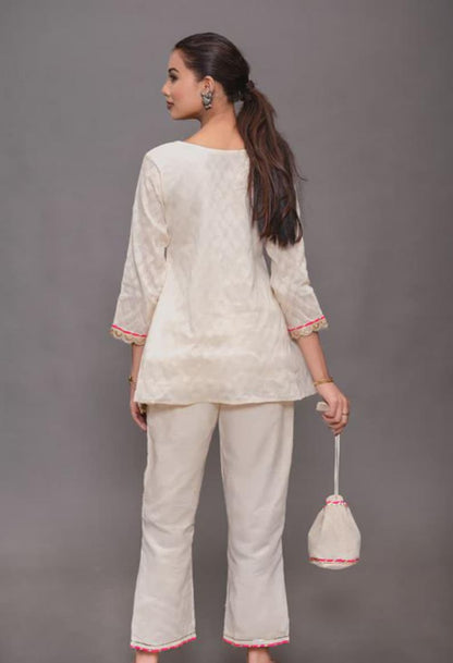 Beige Cotton Co Ord Set Handwork Lace For Women