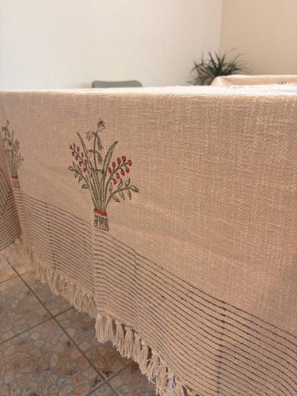 Handblock Print Cotton Sofa Throw Cream Floral - Jaipur Artisan Slub Cotton Blanket/Table Cloth