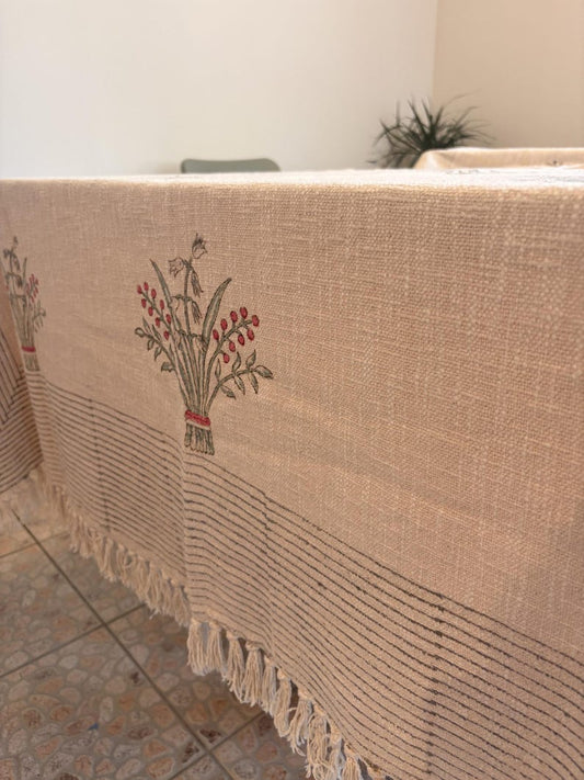 Handblock Print Cotton Sofa Throw Cream Floral - Jaipur Artisan Slub Cotton Blanket/Table Cloth