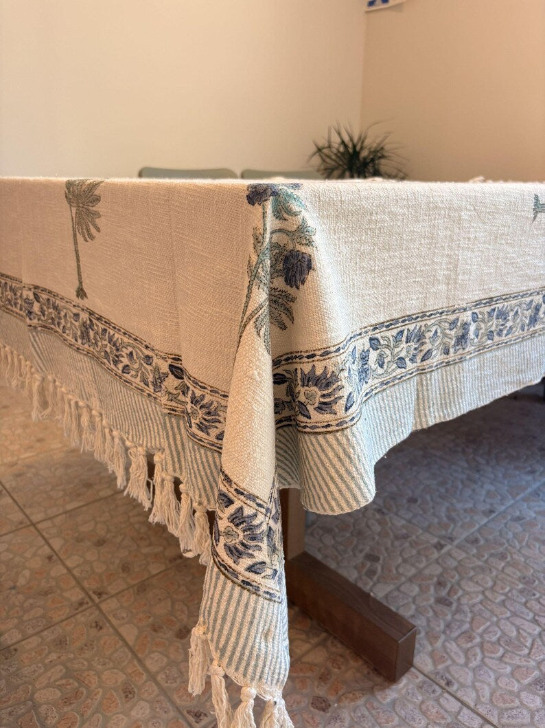 Handblock Print Cotton Sofa Throw Blue Tree - Jaipur Artisan Slub Cotton Blanket/Table Cloth