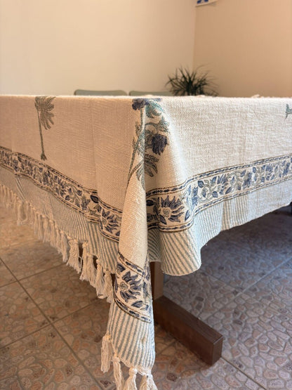 Handblock Print Cotton Sofa Throw Blue Tree - Jaipur Artisan Slub Cotton Blanket/Table Cloth