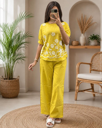 Hand Embroidered Cotton Co Ord Set Khadi