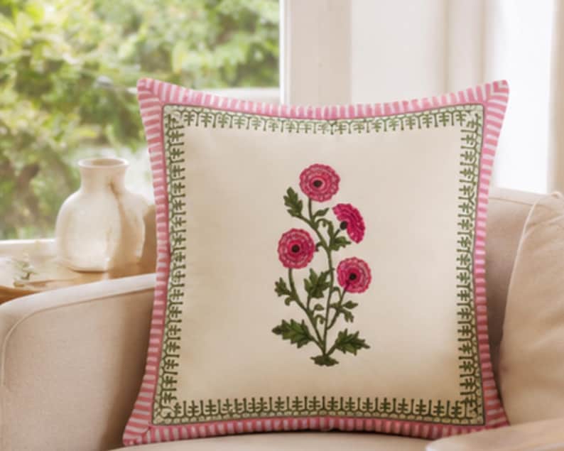Pink Floral Cotton Cushion Cover - Hand Block Print