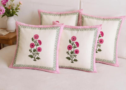 Pink Floral Cotton Cushion Cover - Hand Block Print
