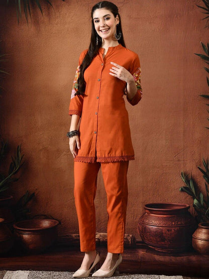 Orange Embroidered Kurta Set For Women