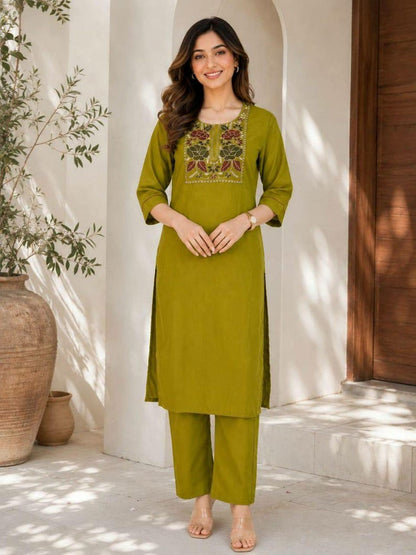 Floral Embroidered Cotton Kurti Set Two Piece