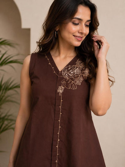 Embroidered Cotton Co Ord Set Brown For Women