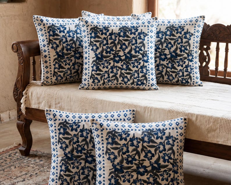 Blue Floral Hand Block Print Sofa Cotton Cushion Cover