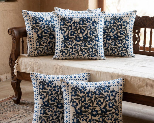 Blue Floral Hand Block Print Sofa Cotton Cushion Cover