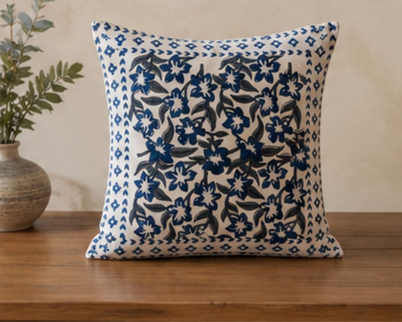 Blue Floral Hand Block Print Sofa Cotton Cushion Cover
