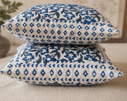 Blue Floral Hand Block Print Sofa Cotton Cushion Cover