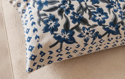 Blue Floral Hand Block Print Sofa Cotton Cushion Cover