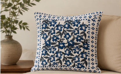 Blue Floral Hand Block Print Sofa Cotton Cushion Cover
