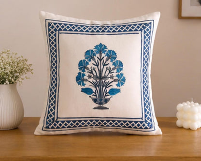 Blue Botanical Hand Block Print Boho Style Cotton Cushion Cover
