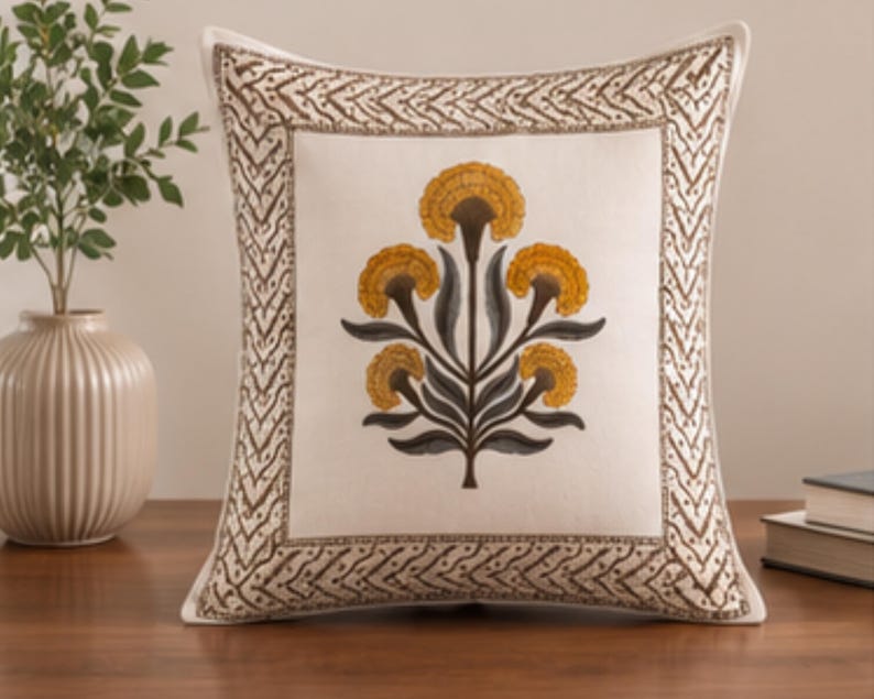 Mustard Floral Hand Block Print Cotton Cushion Cover