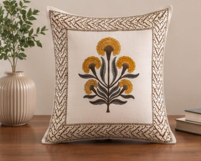Mustard Floral Hand Block Print Cotton Cushion Cover