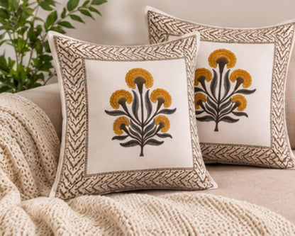 Mustard Floral Hand Block Print Cotton Cushion Cover