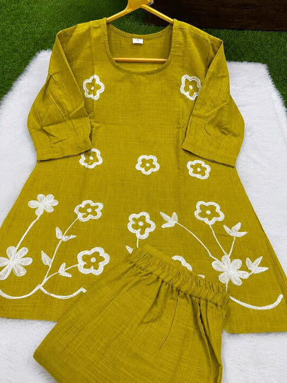 Hand Embroidered Cotton Co Ord Set Khadi