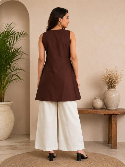 Embroidered Cotton Co Ord Set Brown For Women
