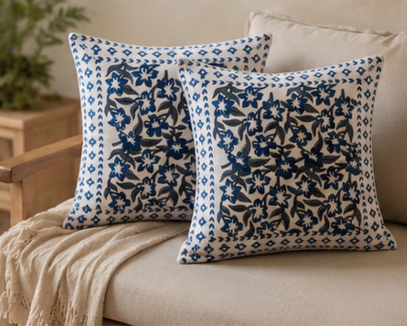 Blue Floral Hand Block Print Sofa Cotton Cushion Cover