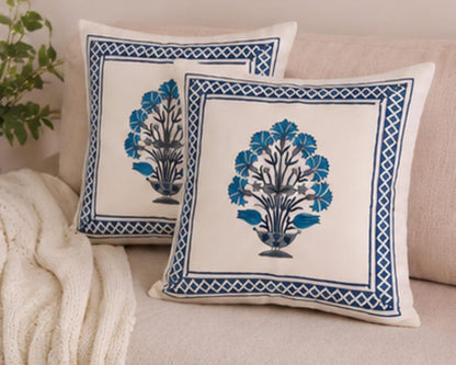 Blue Botanical Hand Block Print Boho Style Cotton Cushion Cover